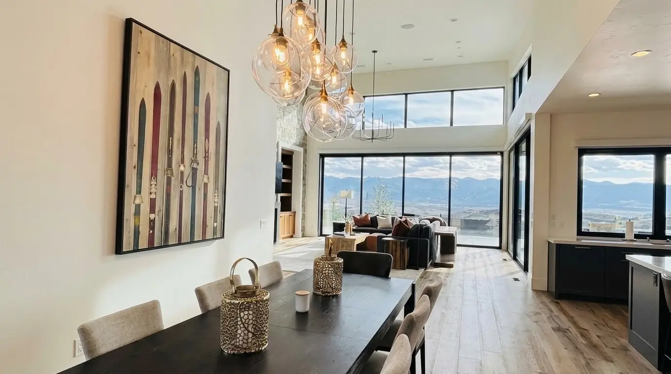 A bright, open living and dining space with mountain views